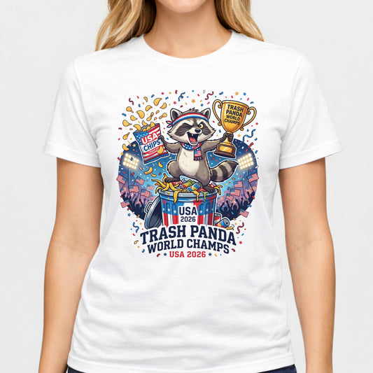 Trash Panda World Champs T-Shirt – USA 2026 Raccoon Trophy Design