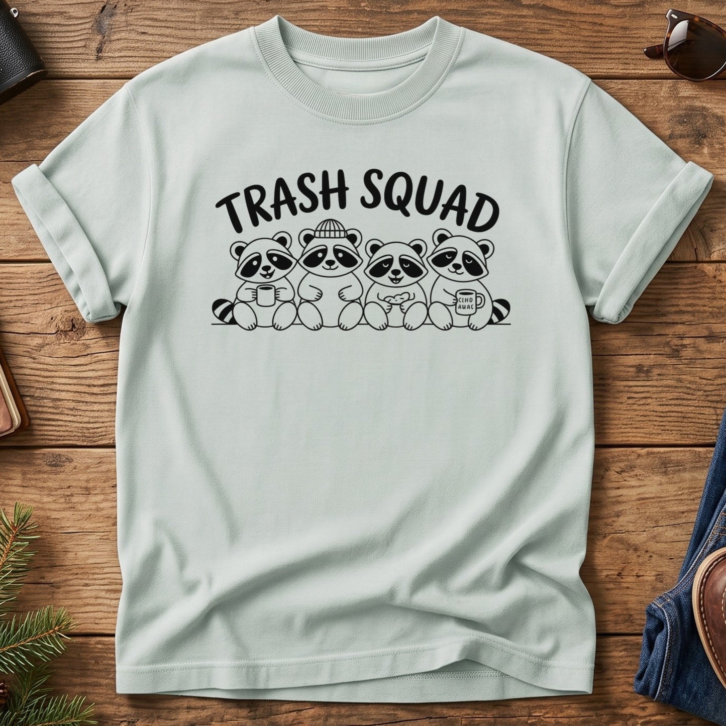 Trash Squad Tee – trash squad raccoon crew graphic tee in Bay, product photo 1