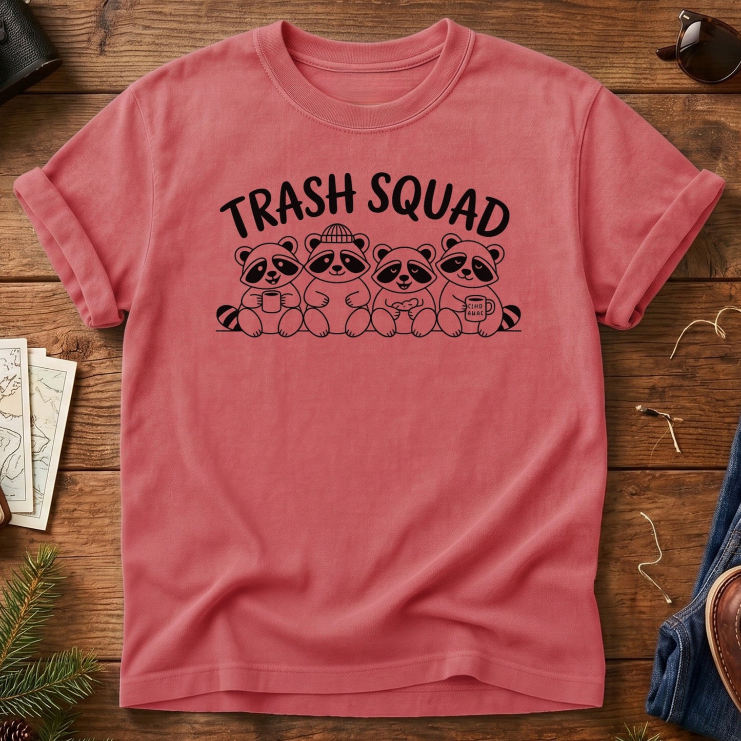 Trash Squad Tee – trash squad raccoon crew graphic tee in Watermelon, product photo 5