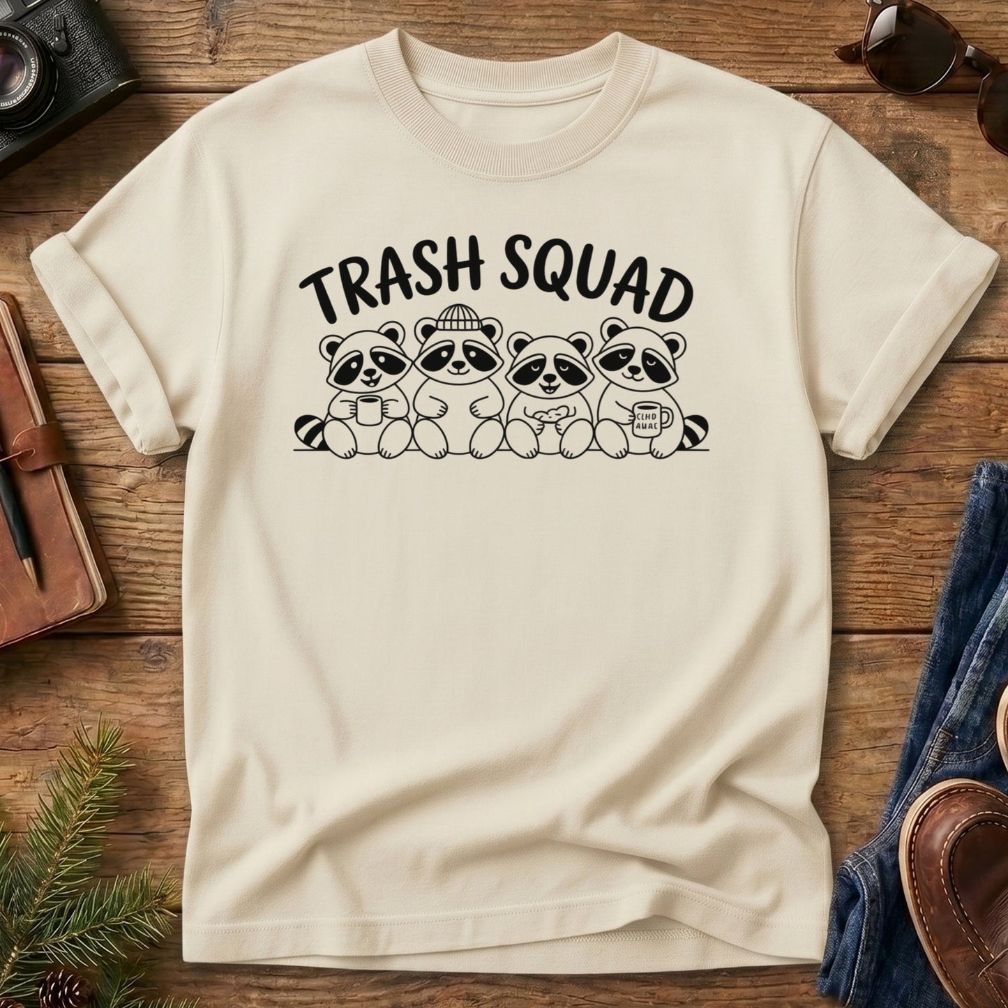 Trash Squad Tee – trash squad raccoon crew graphic tee in Ivory, product photo 2