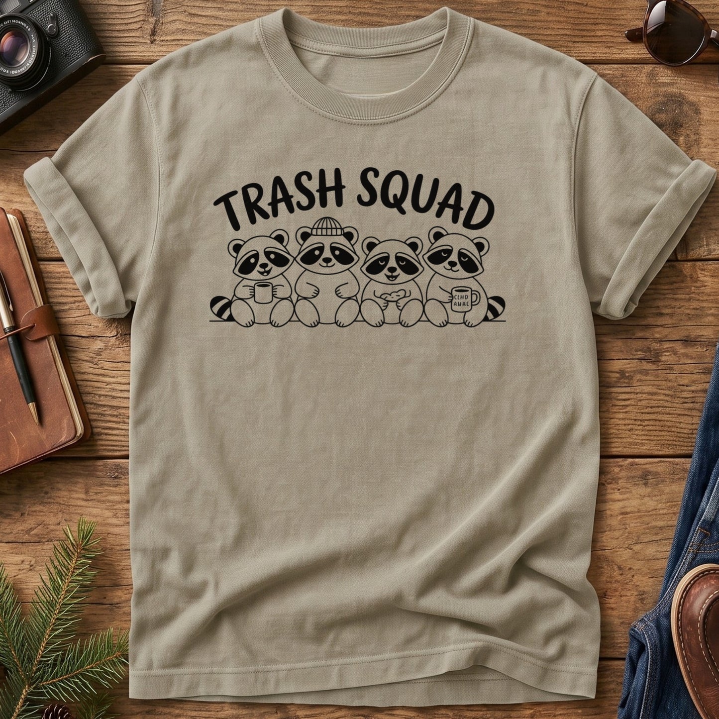 Trash Squad Tee – trash squad raccoon crew graphic tee in Khaki, product photo 3