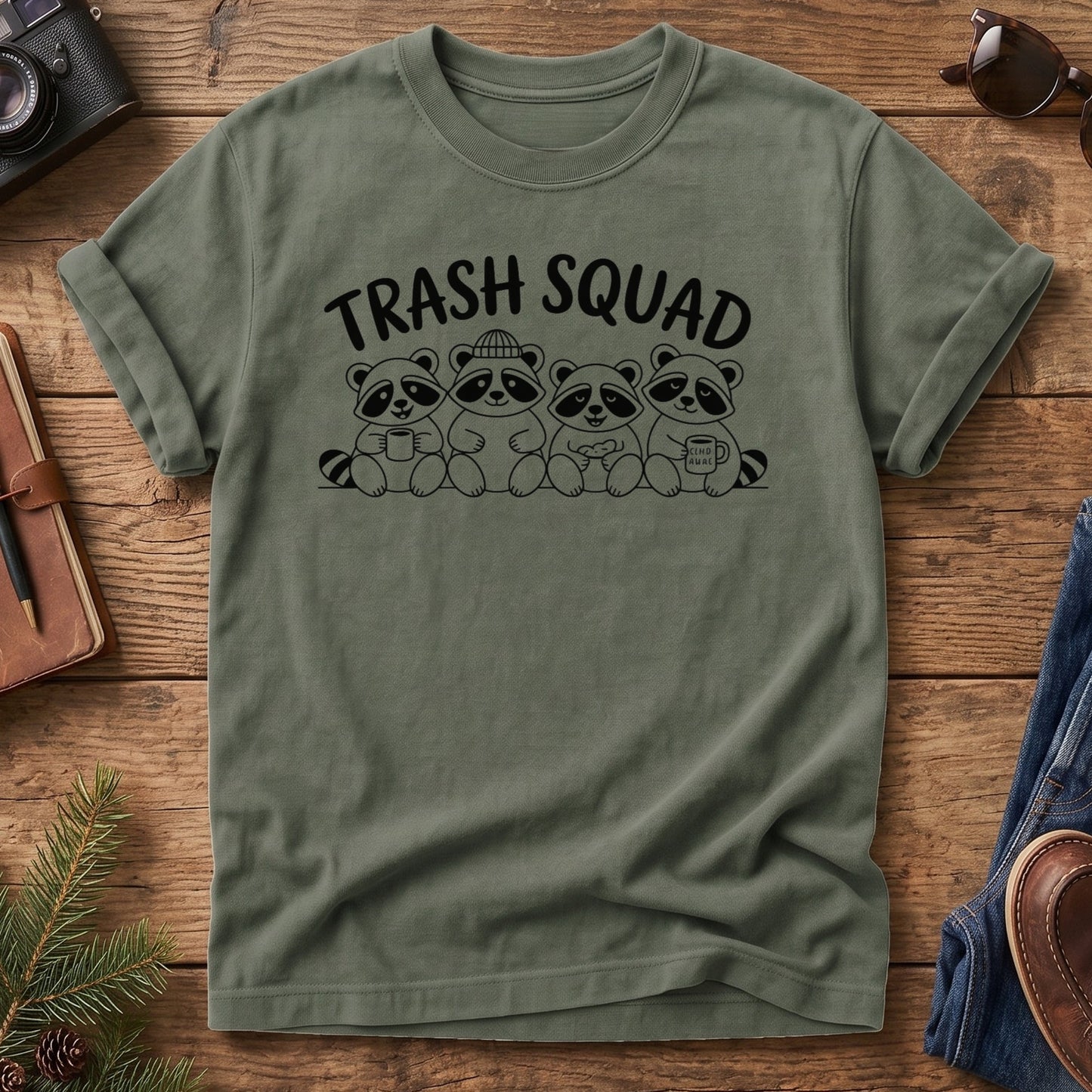 Trash Squad Tee – trash squad raccoon crew graphic tee in Moss, product photo 4