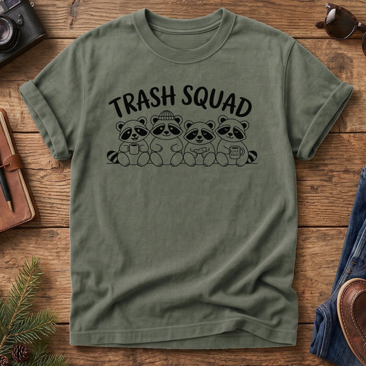 Trash Squad Tee – trash squad raccoon crew graphic tee in Moss, product photo 4