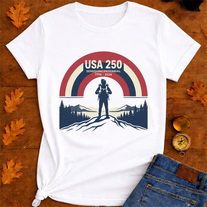 USA 250 Retro Horizon Mountain T-Shirt — Lone Hiker Silhouette