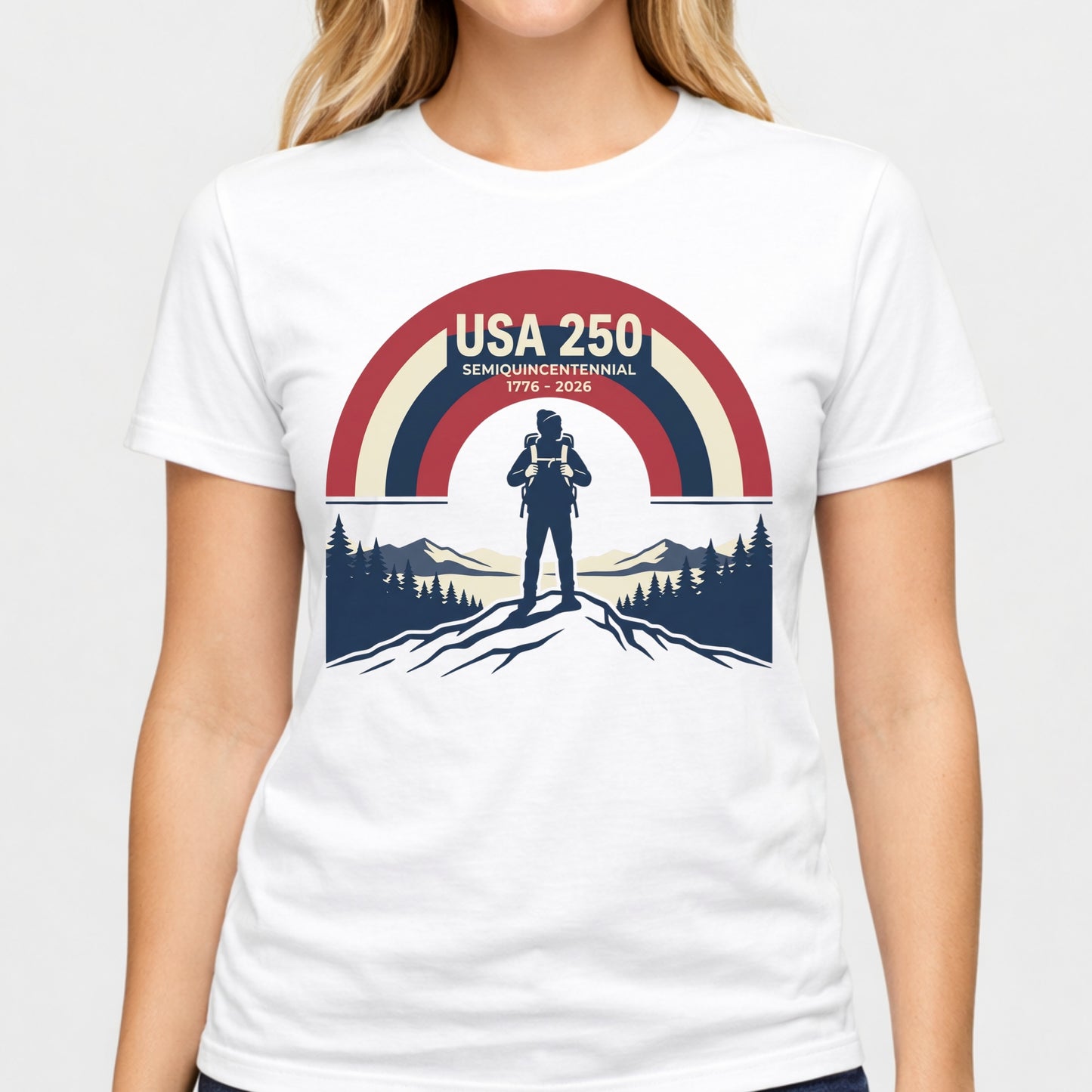USA 250 Retro Horizon Mountain T-Shirt — Lone Hiker Silhouette