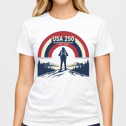 USA 250 Retro Horizon Mountain T-Shirt — Lone Hiker Silhouette