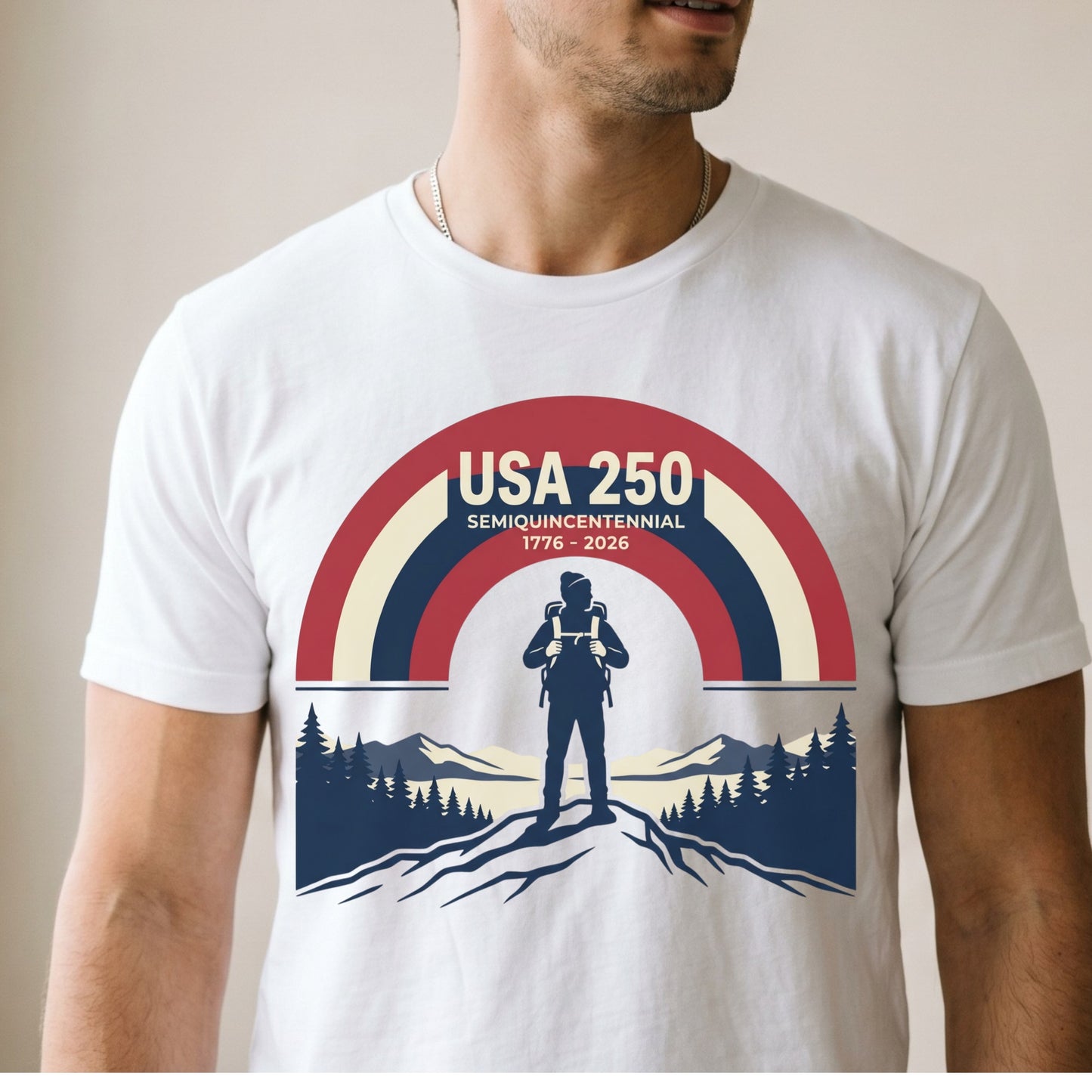 USA 250 Retro Horizon Mountain T-Shirt — Lone Hiker Silhouette