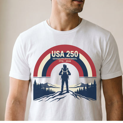 USA 250 Retro Horizon Mountain T-Shirt — Lone Hiker Silhouette