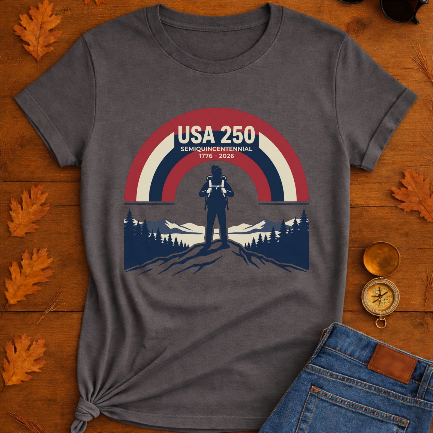 USA 250 Retro Horizon Mountain T-Shirt — Lone Hiker Silhouette