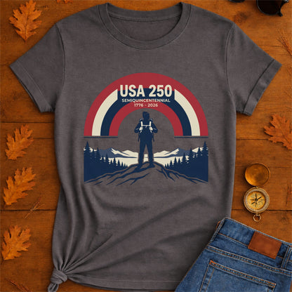 USA 250 Retro Horizon Mountain T-Shirt — Lone Hiker Silhouette