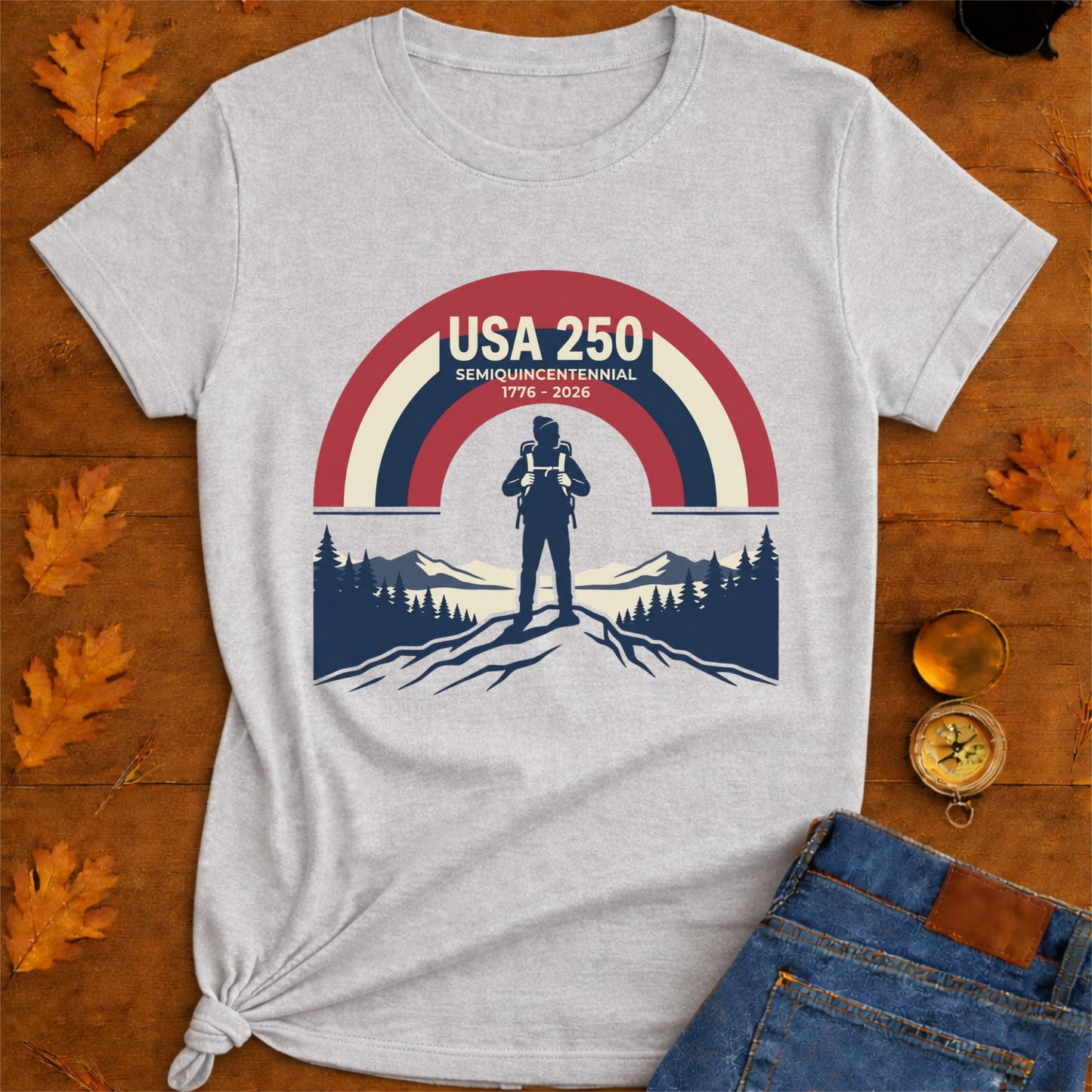 USA 250 Retro Horizon Mountain T-Shirt — Lone Hiker Silhouette