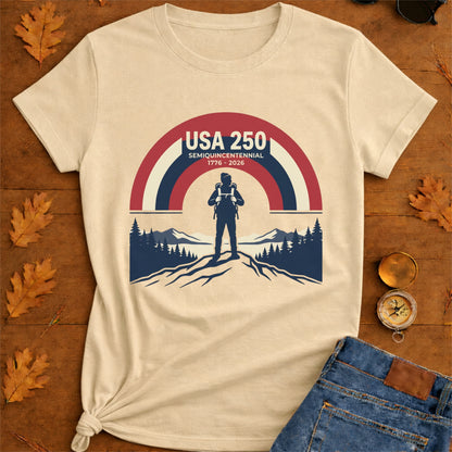 USA 250 Retro Horizon Mountain T-Shirt — Lone Hiker Silhouette