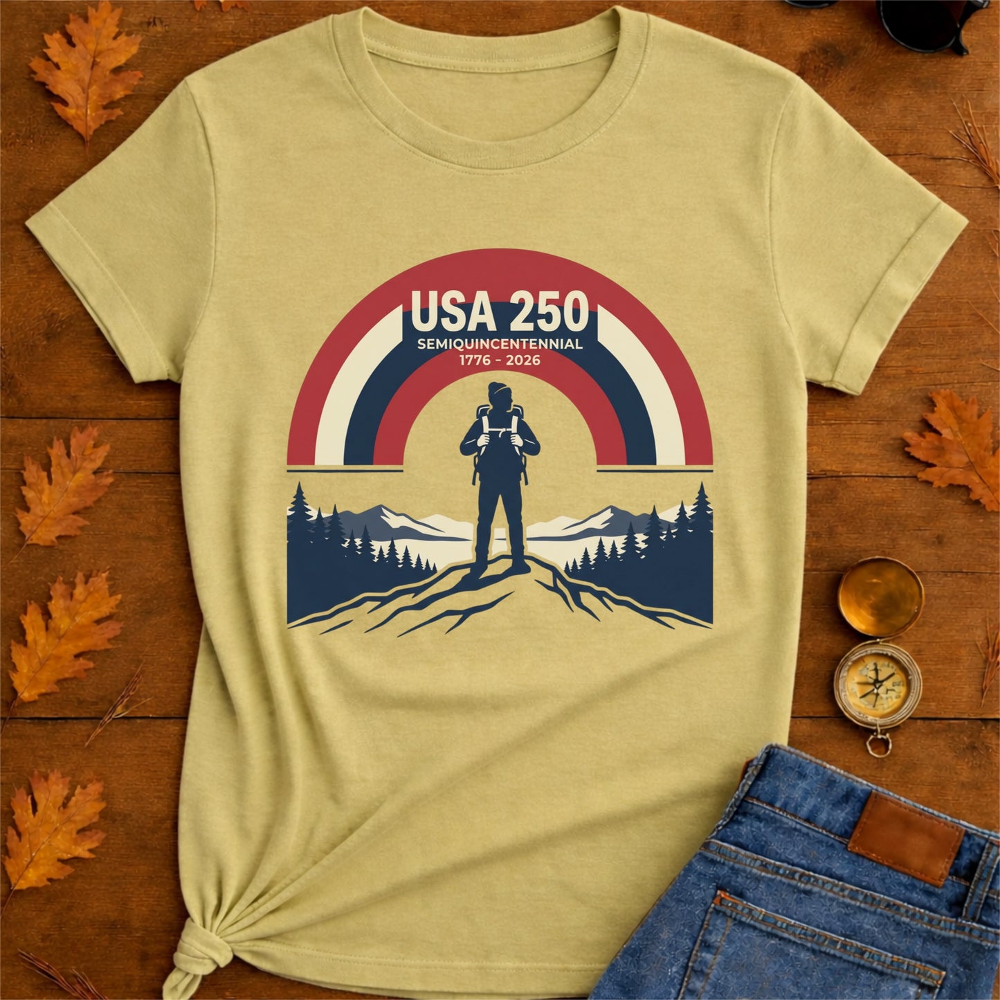 USA 250 Retro Horizon Mountain T-Shirt — Lone Hiker Silhouette