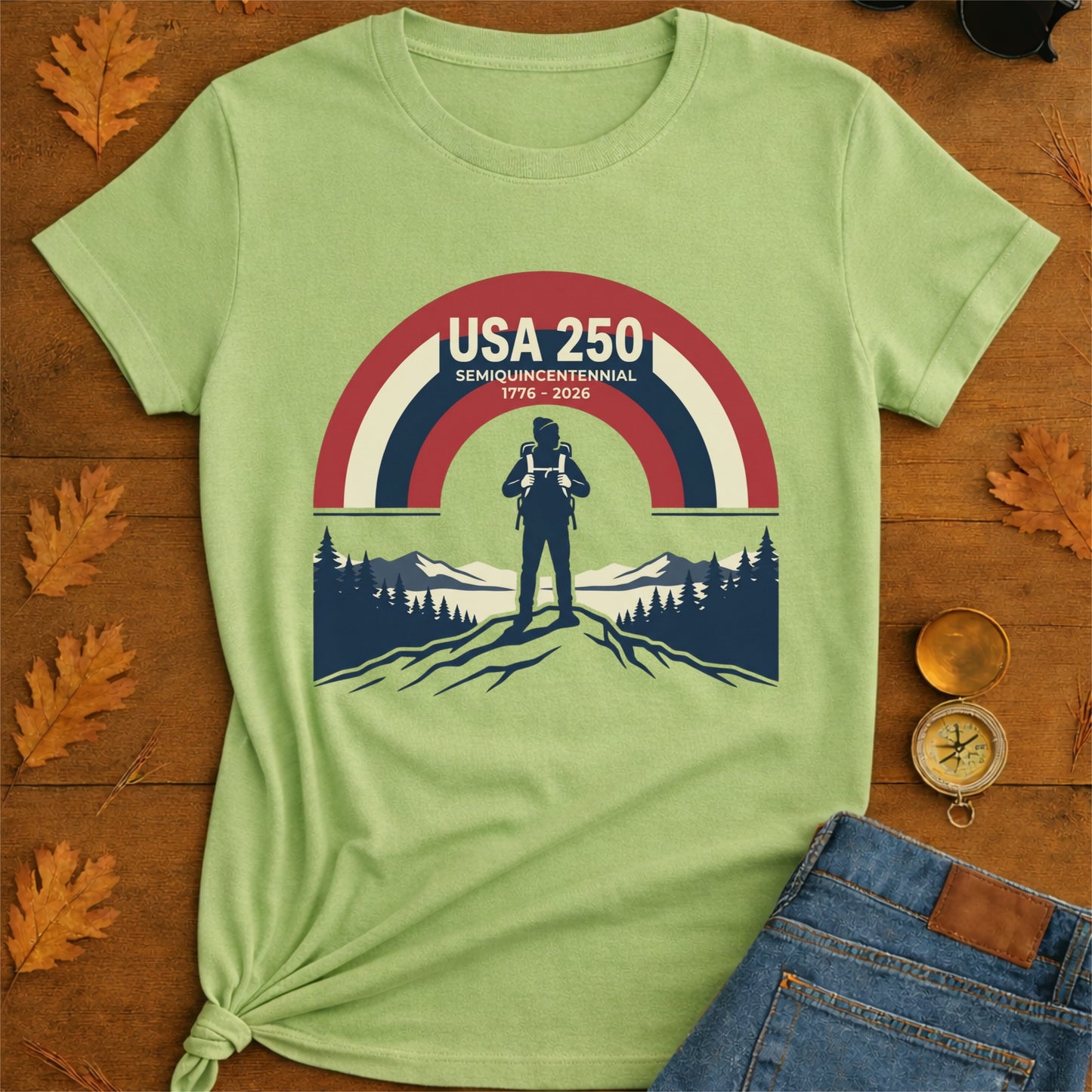 USA 250 Retro Horizon Mountain T-Shirt — Lone Hiker Silhouette