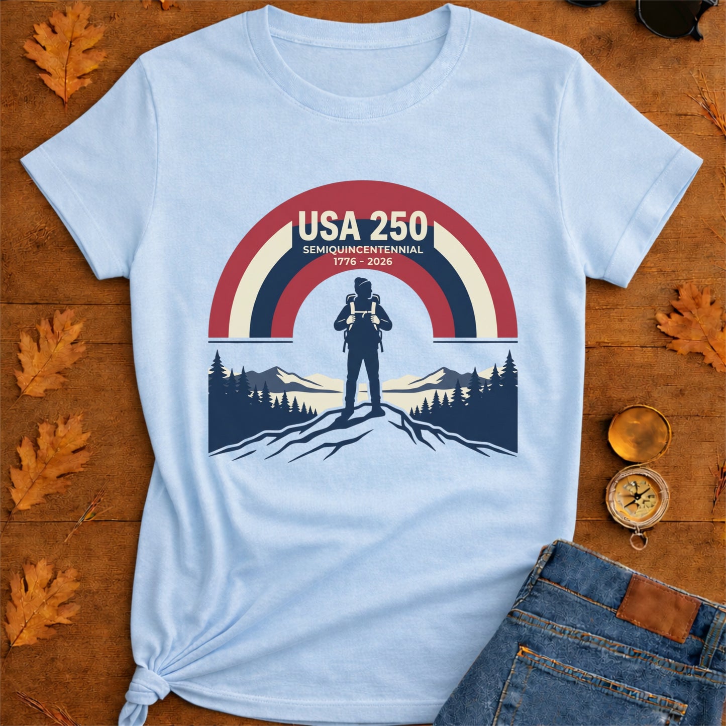 USA 250 Retro Horizon Mountain T-Shirt — Lone Hiker Silhouette
