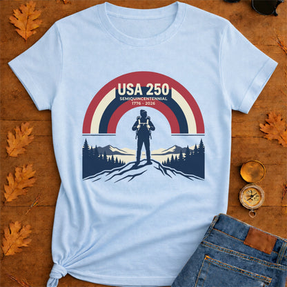 USA 250 Retro Horizon Mountain T-Shirt — Lone Hiker Silhouette