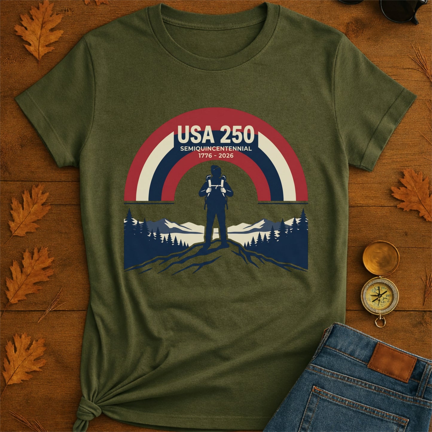 USA 250 Retro Horizon Mountain T-Shirt — Lone Hiker Silhouette