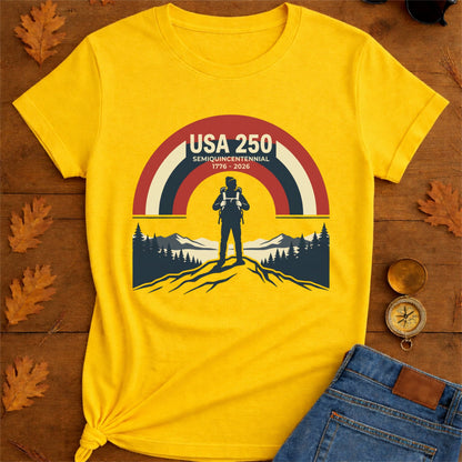 USA 250 Retro Horizon Mountain T-Shirt — Lone Hiker Silhouette
