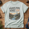 Wander More, Worry Less Tee – river through sunset mountain valley graphic on Comfort Colors 1717 tee, flat lay