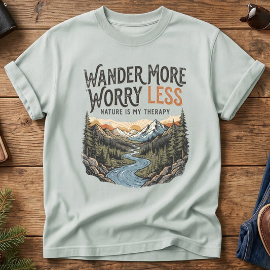 Wander More, Worry Less Tee – river through sunset mountain valley graphic on Comfort Colors 1717 tee, flat lay