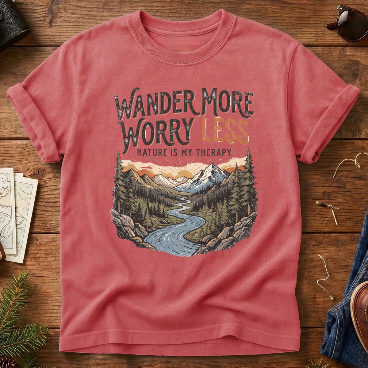 Wander More, Worry Less Tee – river through sunset mountain valley graphic on Comfort Colors 1717 tee, flat lay