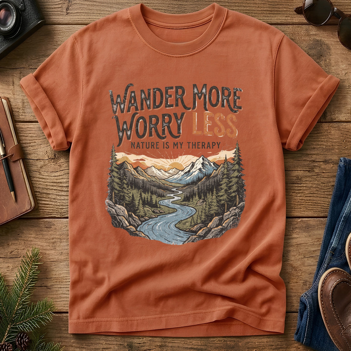 Wander More, Worry Less Tee – river through sunset mountain valley graphic on Comfort Colors 1717 tee, flat lay