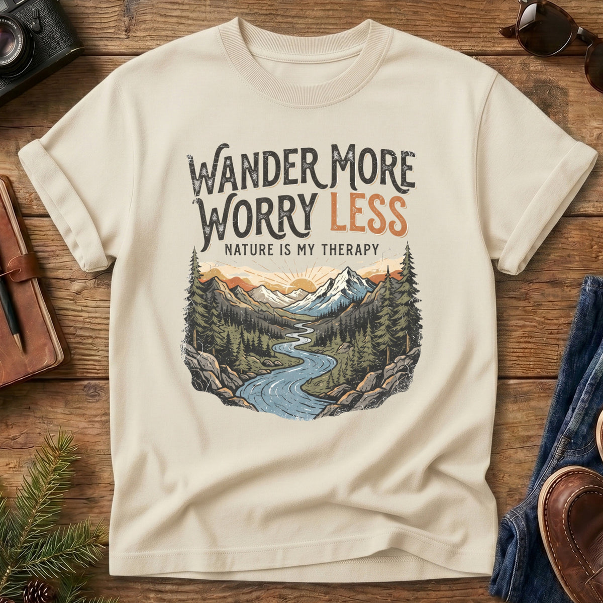 Wander More, Worry Less Tee – river through sunset mountain valley graphic on Comfort Colors 1717 tee, flat lay