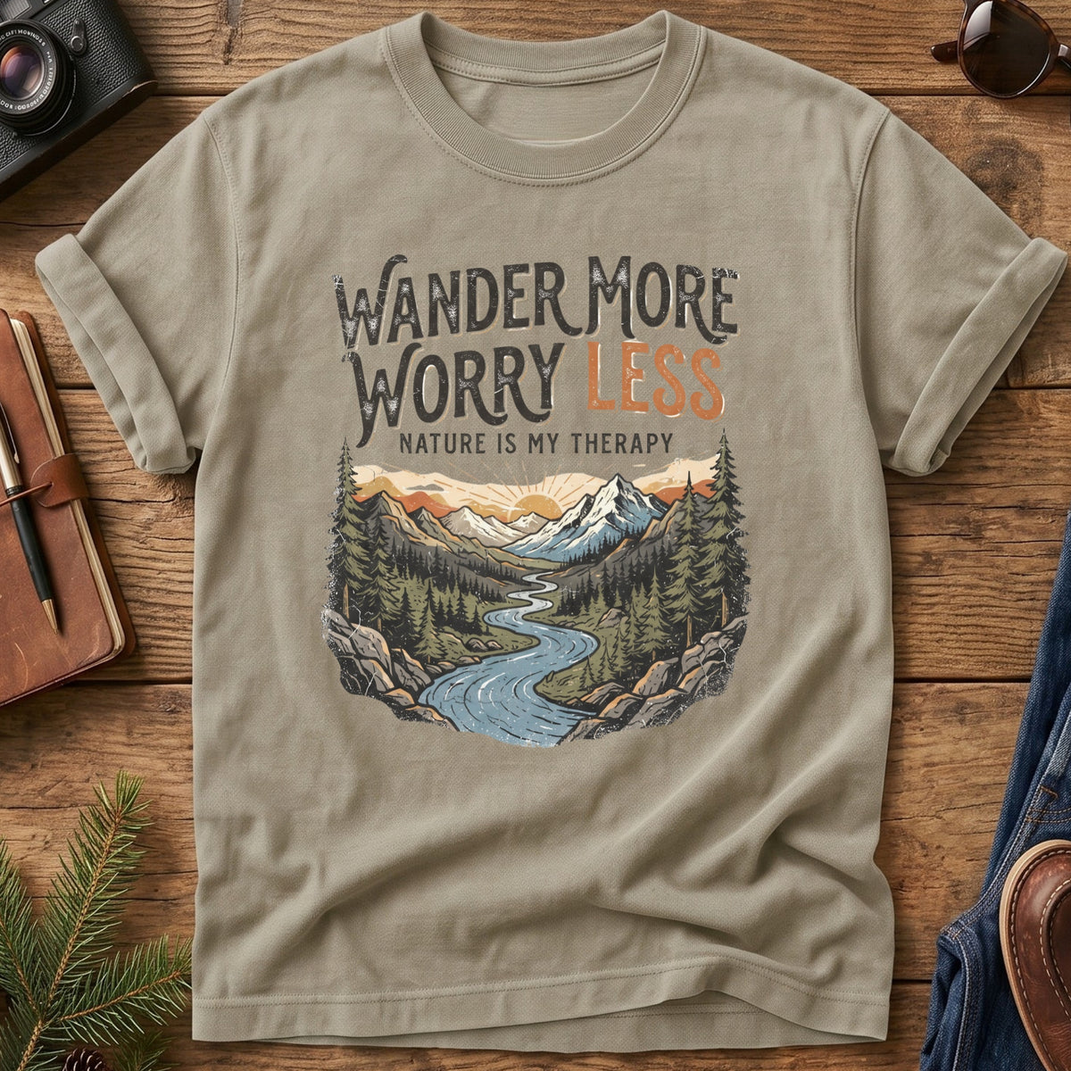 Wander More, Worry Less Tee – river through sunset mountain valley graphic on Comfort Colors 1717 tee, flat lay