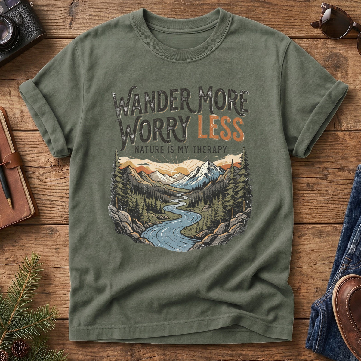Wander More, Worry Less Tee – river through sunset mountain valley graphic close-up on Comfort Colors 1717 tee