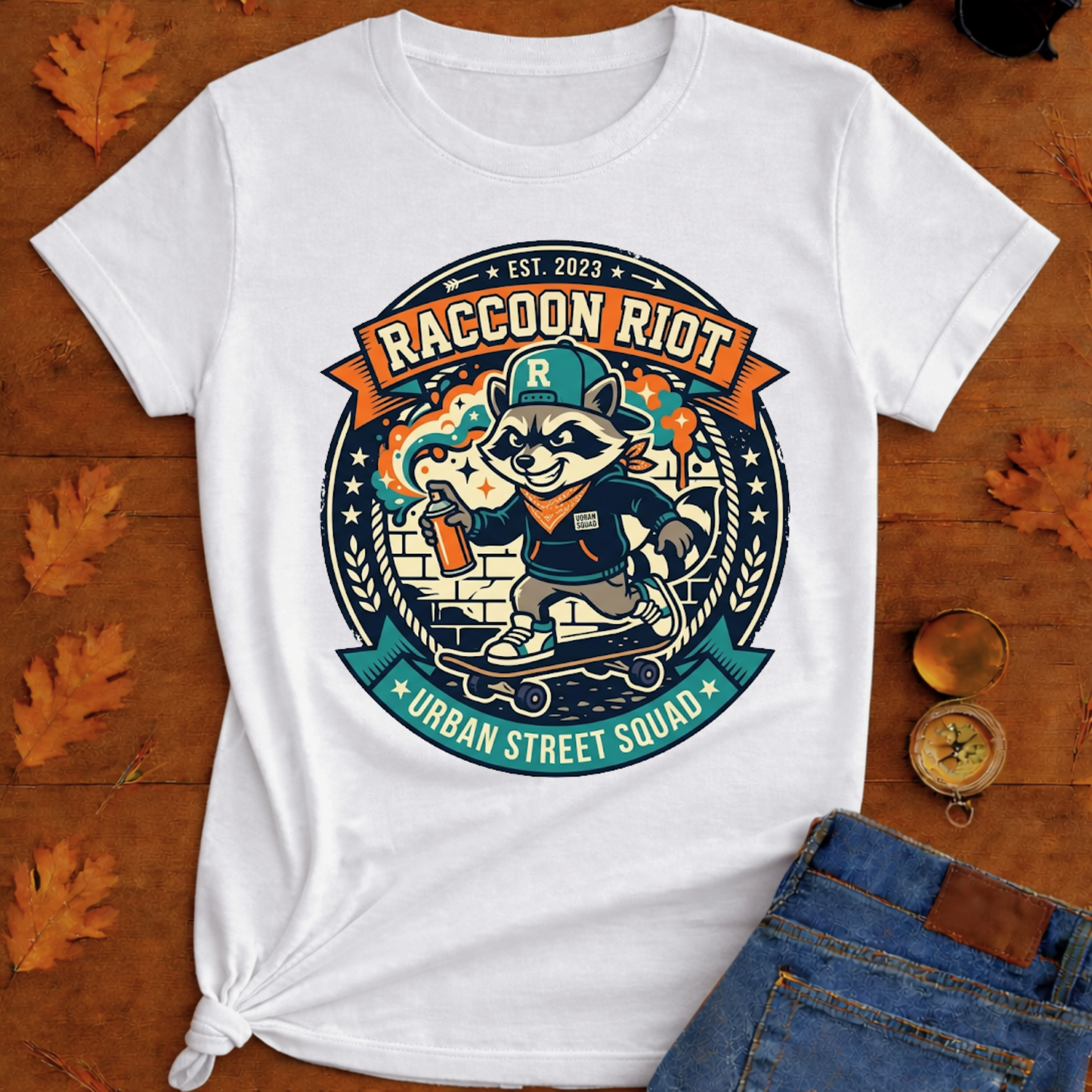 Raccoon Skate Crew T-Shirt — "R" Streetwear Badge Graphic