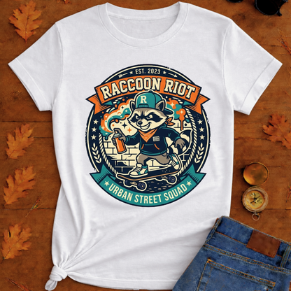Raccoon Skate Crew T-Shirt — "R" Streetwear Badge Graphic