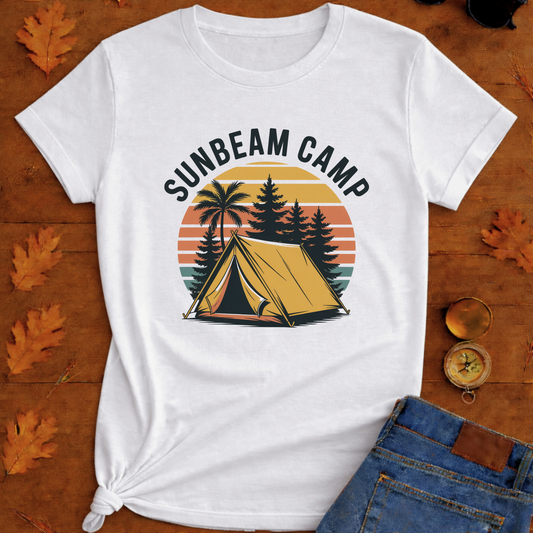 Sunbeam Camp A‑Frame Tee — Retro Camping T‑Shirt
