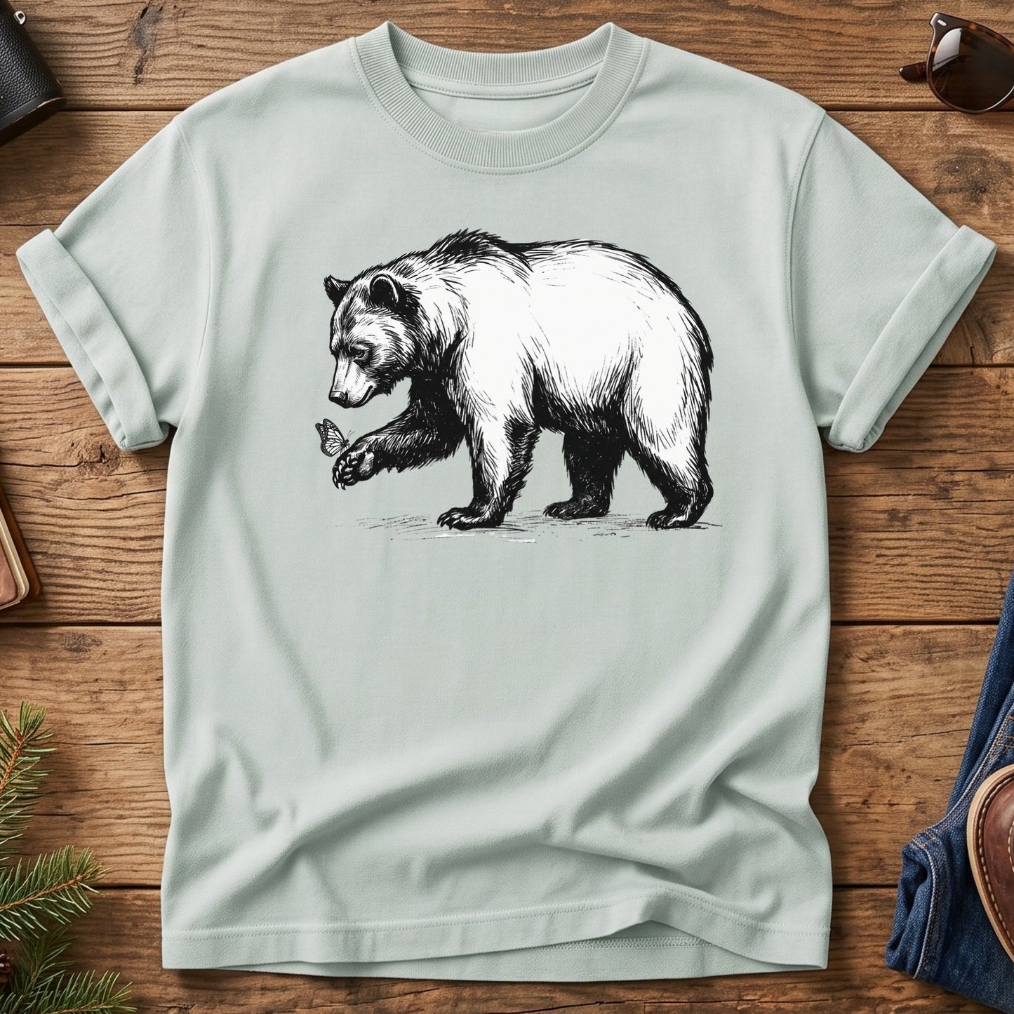 Black Bear & Butterfly Tee in Bay — black bear and butterfly illustration