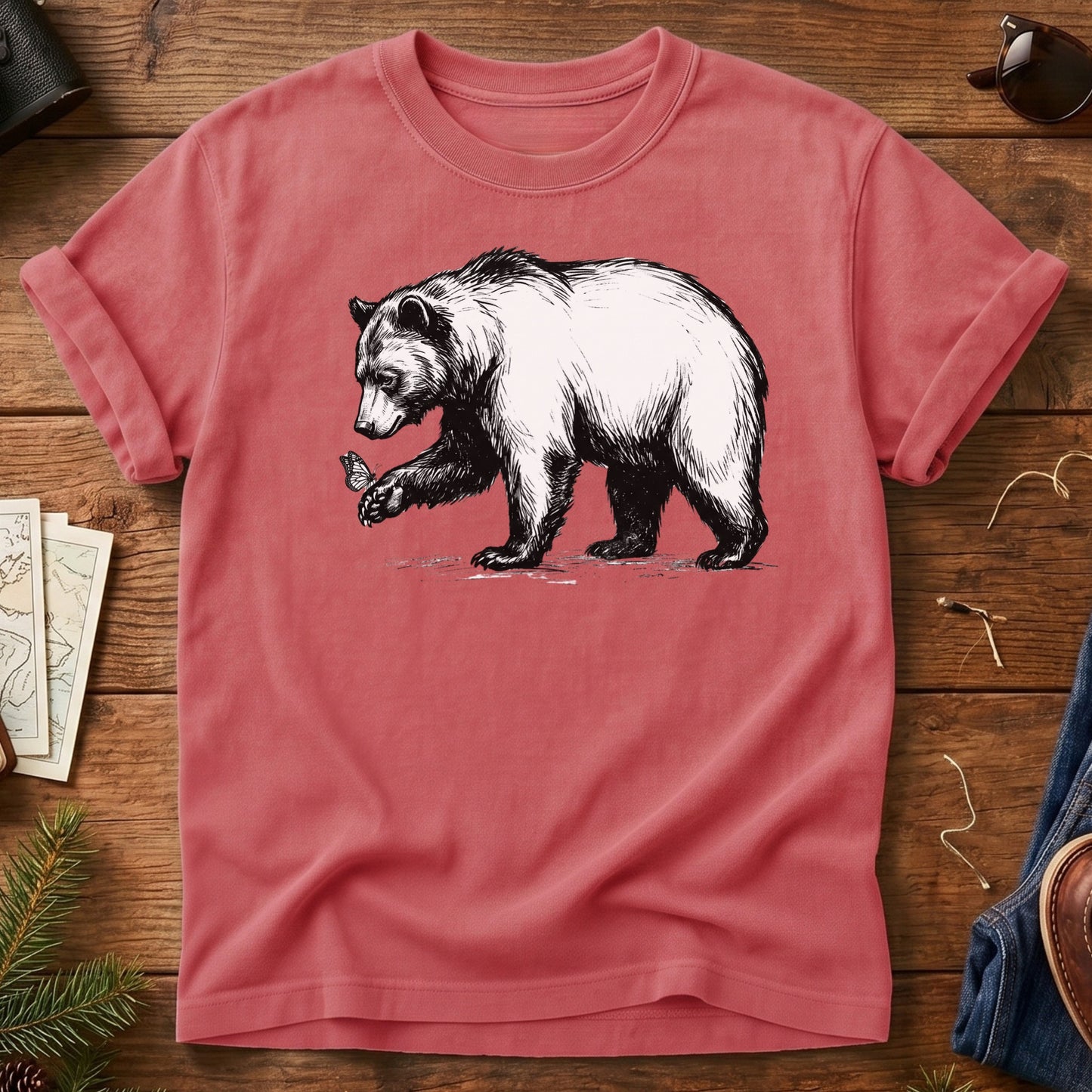 Black Bear & Butterfly Tee in Watermelon — black bear and butterfly illustration