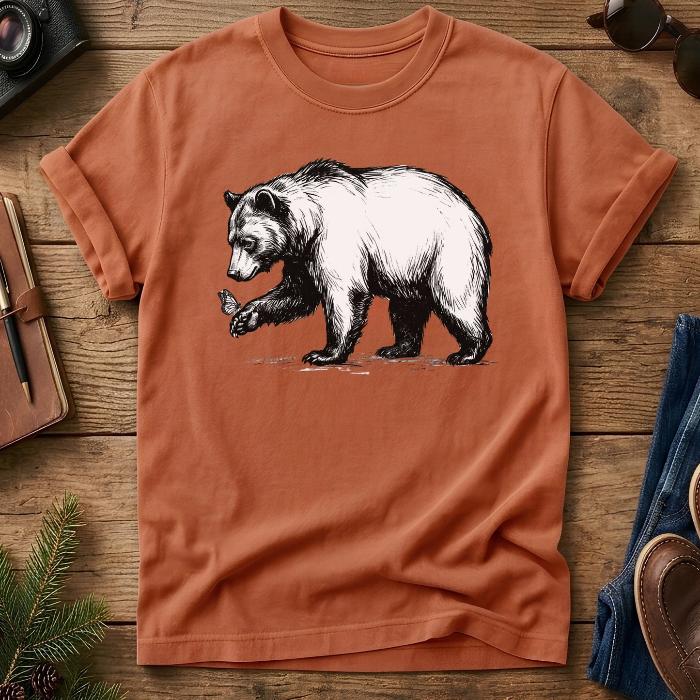 Black Bear & Butterfly Tee in Yam — black bear and butterfly illustration