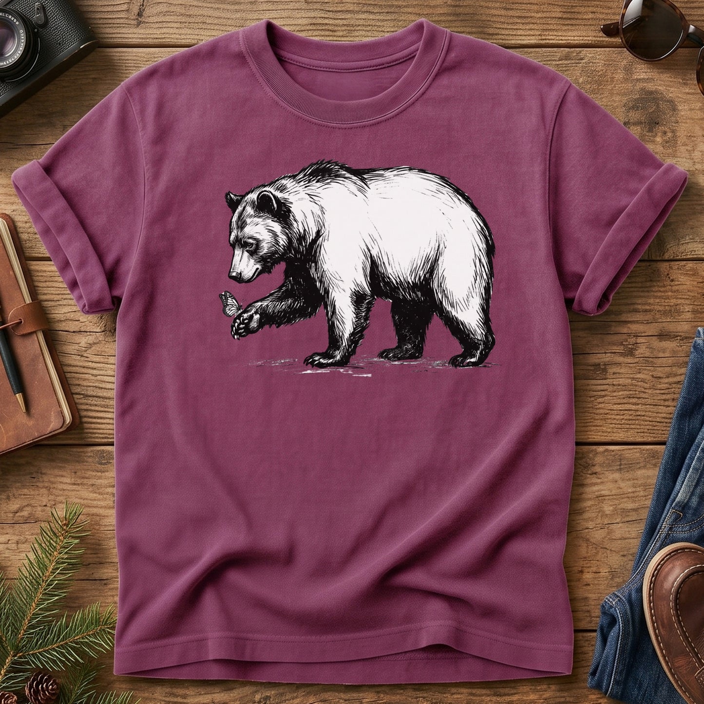 Black Bear & Butterfly Tee in Berry — black bear and butterfly illustration