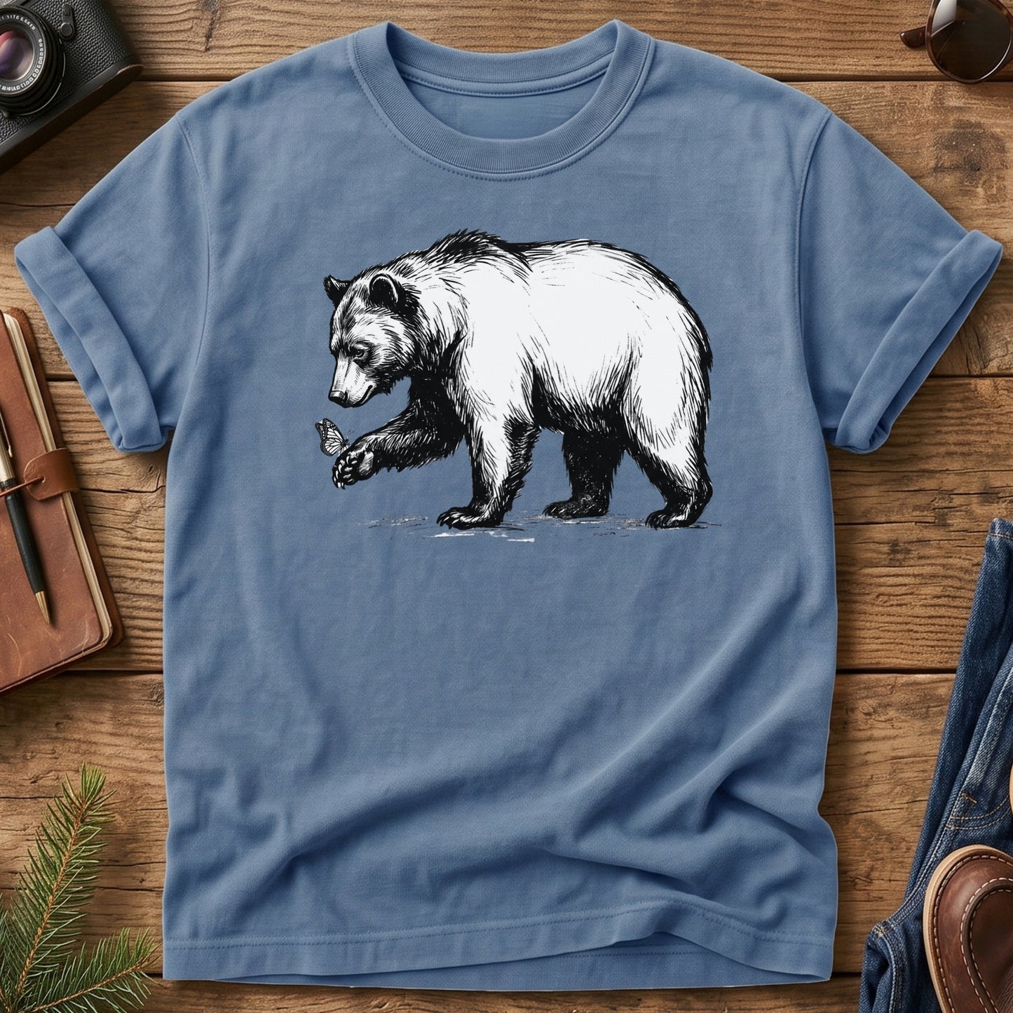 Black Bear & Butterfly Tee in Blue Jean — black bear and butterfly illustration