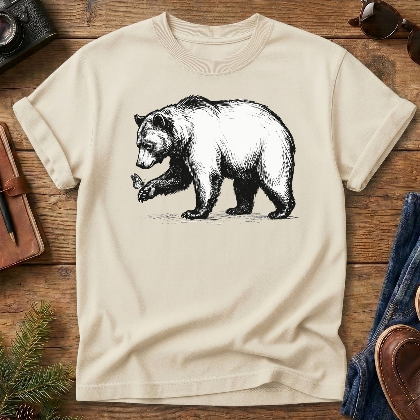 Black Bear & Butterfly Tee in Ivory — black bear and butterfly illustration