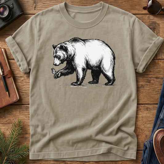 Black Bear & Butterfly Tee in Khaki — black bear and butterfly illustration