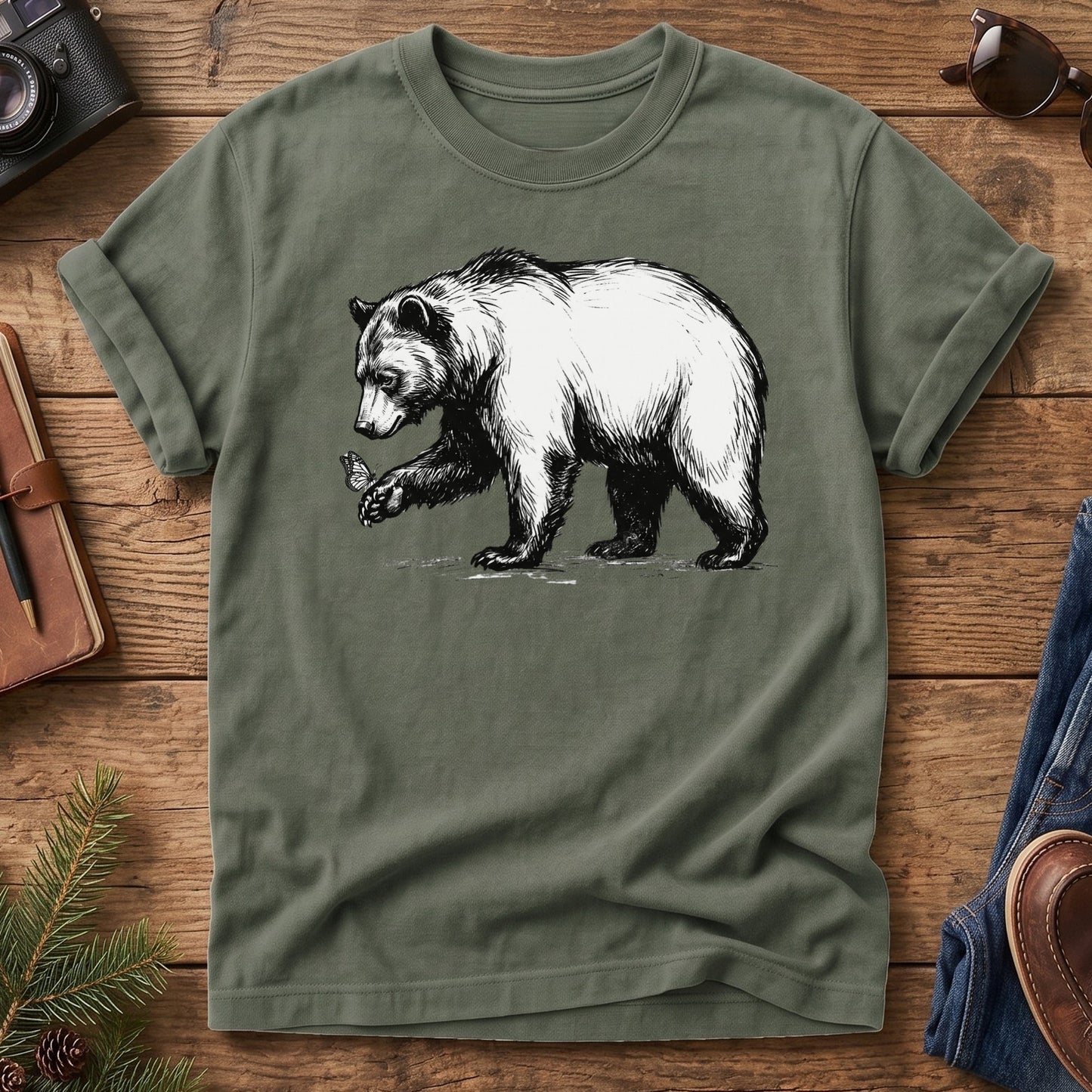 Black Bear & Butterfly Tee in Moss — black bear and butterfly illustration