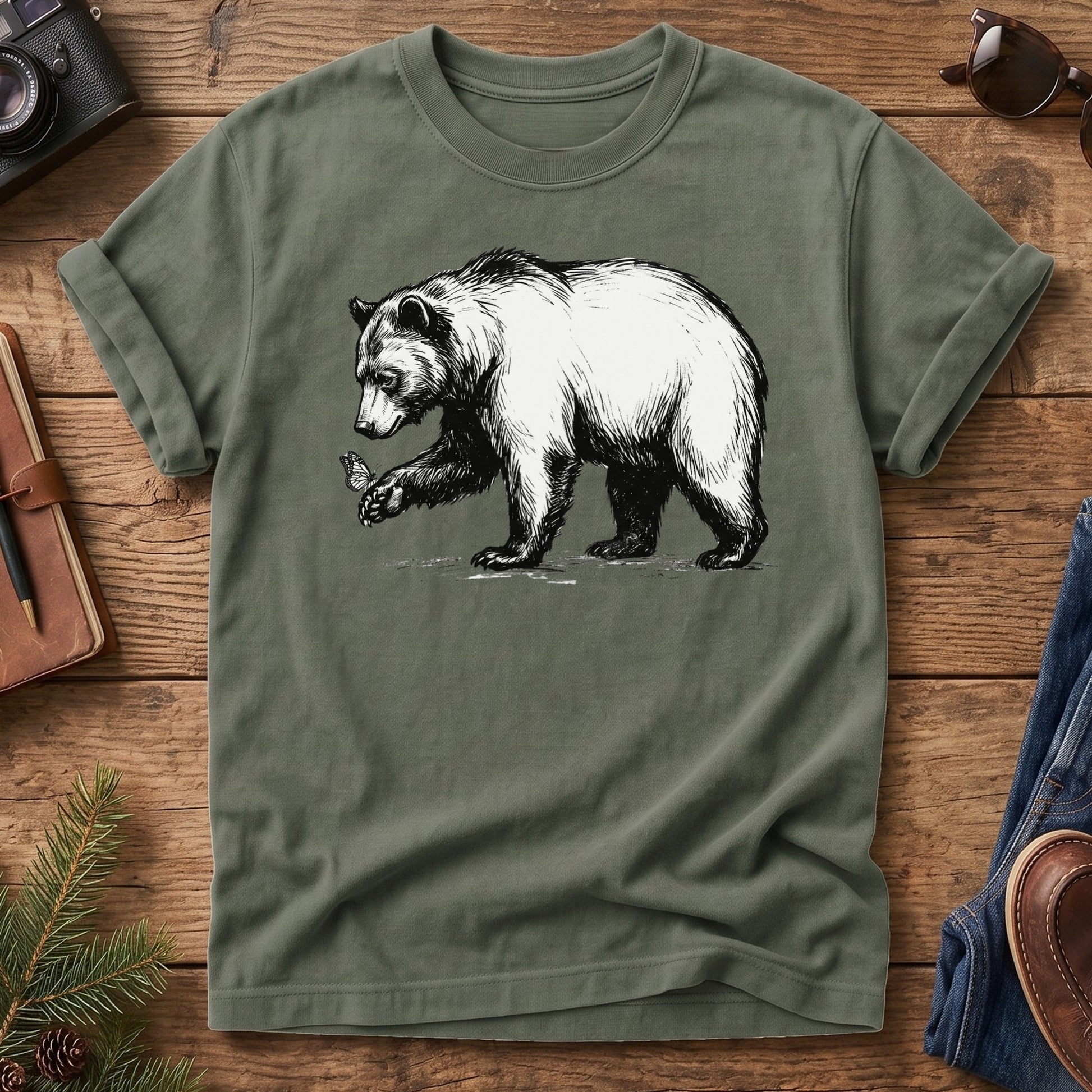 Black Bear & Butterfly Tee in Moss — black bear and butterfly illustration
