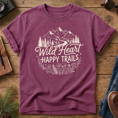 Wild Heart Happy Trails Tee in Berry — mountain and wildflower graphic