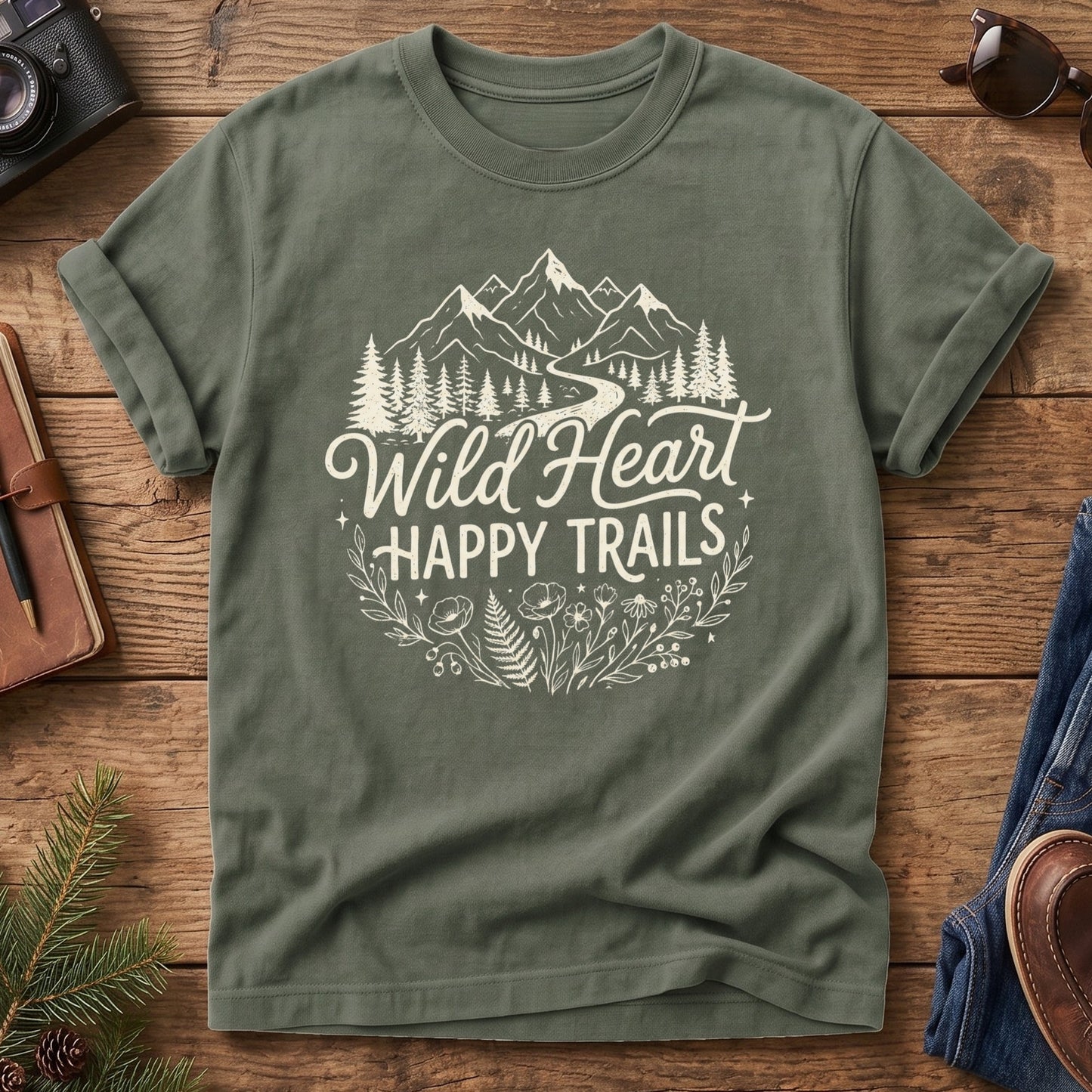 Wild Heart Happy Trails Tee in Moss — mountain and wildflower graphic