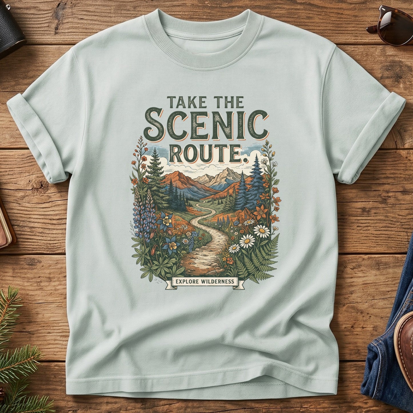Scenic Route Tee – wildflower meadow trail graphic with Take the Scenic Route text on Comfort Colors 1717 tee, flat lay