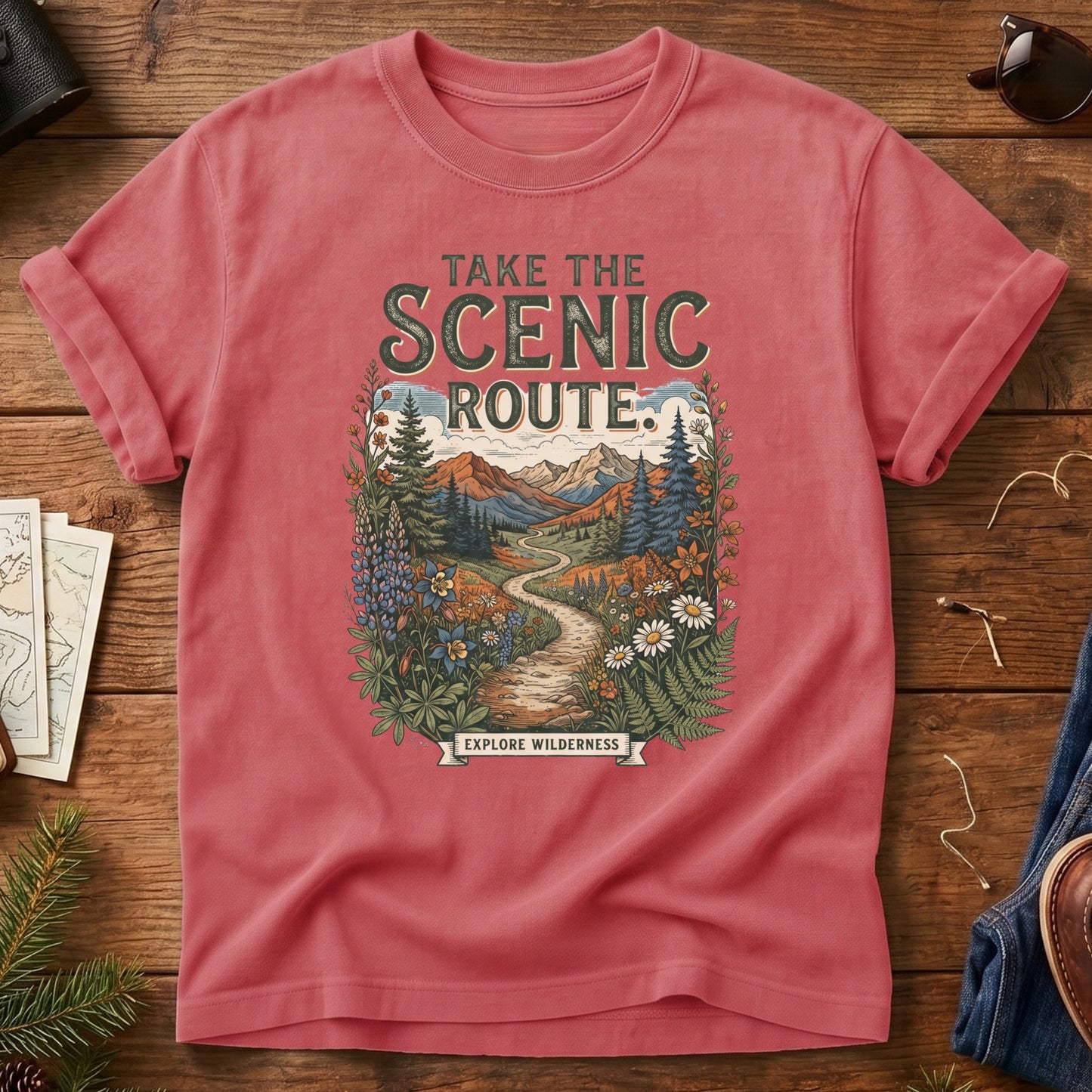 Scenic Route Tee – wildflower meadow trail graphic with Take the Scenic Route text on Comfort Colors 1717 tee, flat lay