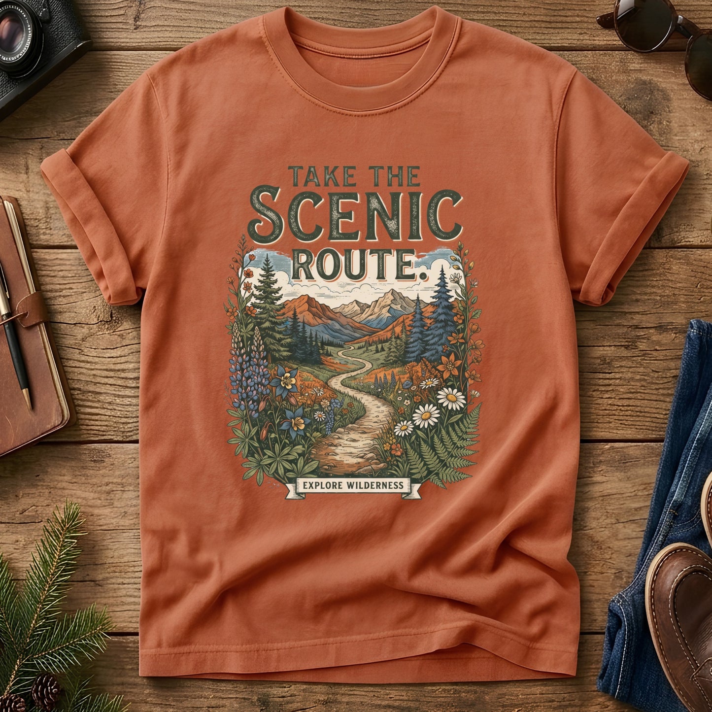 Scenic Route Tee – wildflower meadow trail graphic with Take the Scenic Route text on Comfort Colors 1717 tee, flat lay
