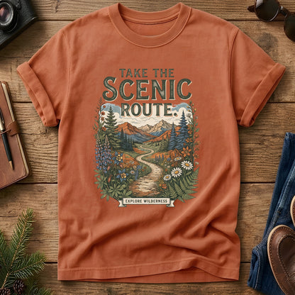 Scenic Route Tee – wildflower meadow trail graphic with Take the Scenic Route text on Comfort Colors 1717 tee, flat lay