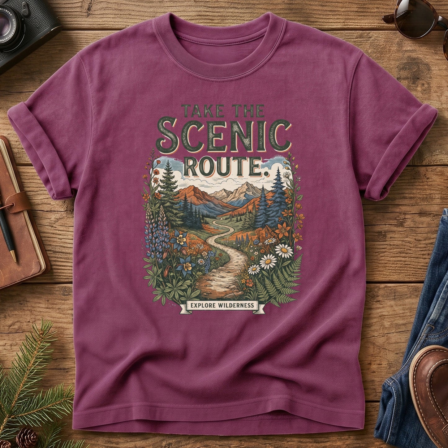 Scenic Route Tee – wildflower meadow trail graphic with Take the Scenic Route text on Comfort Colors 1717 tee, flat lay