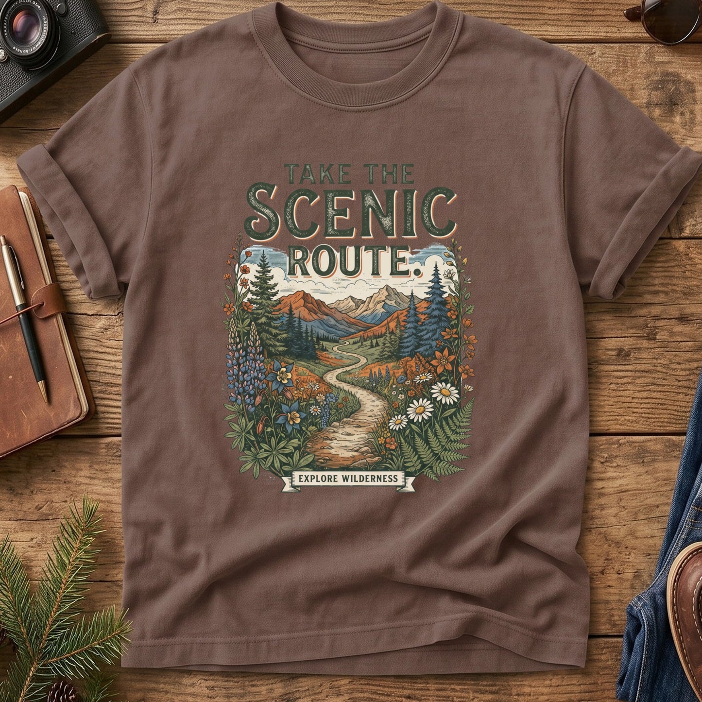 Scenic Route Tee – wildflower meadow trail graphic with Take the Scenic Route text on Comfort Colors 1717 tee, flat lay