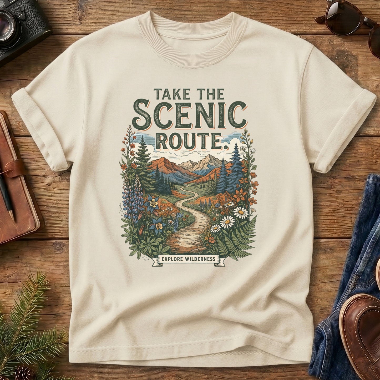 Scenic Route Tee – Ivory flat lay, wildflower meadow trail graphic with Take the Scenic Route text